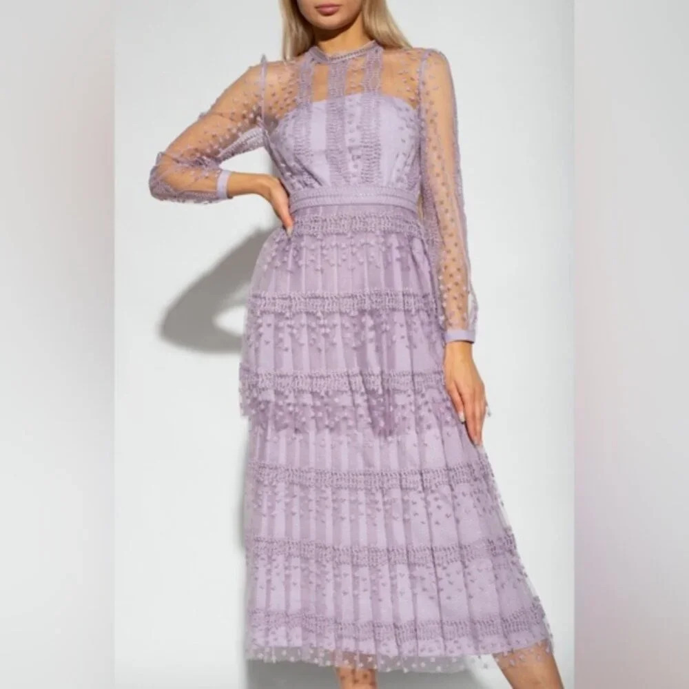 NEW Self-Portrait Lilac Purple Tiered Midi Dress | size UK 6 / US 2 - Picture 2 of 13